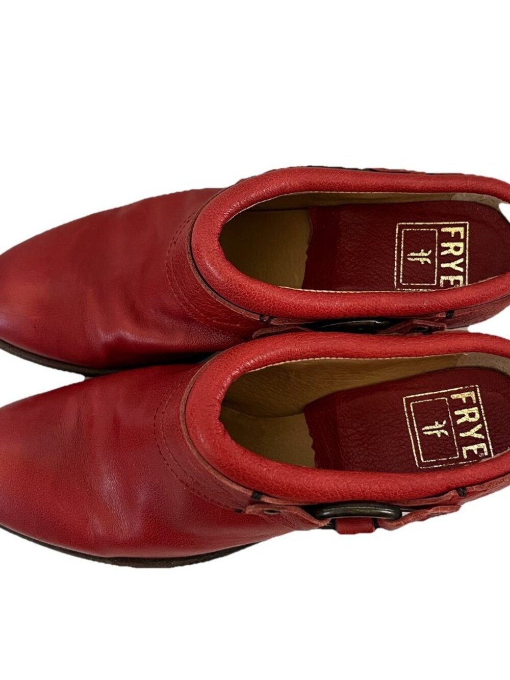 Frye Red Leather Harness Mules 9 Womens Biker Moto Almond Toe Slip On Low Heel - Picture 4 of 11